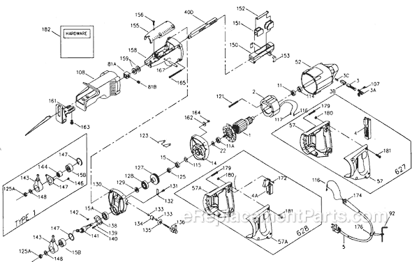 Page A Diagram and Parts List for 627 Type 6 Porter Cable Reciprocating Saw